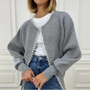 Commense  Pearl-Trimmed ripped hem Cardigan